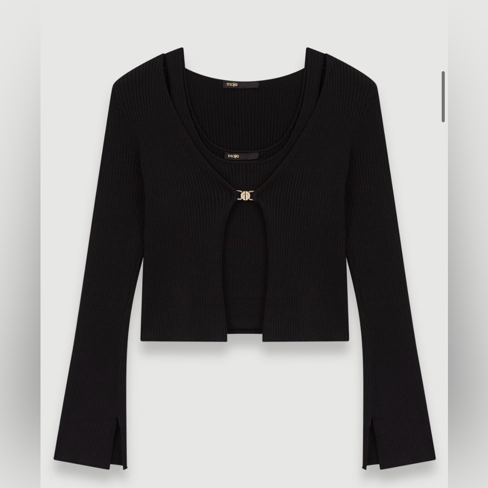 Maje Black Ribbed Cropped Cardigan & Tank Twin set
